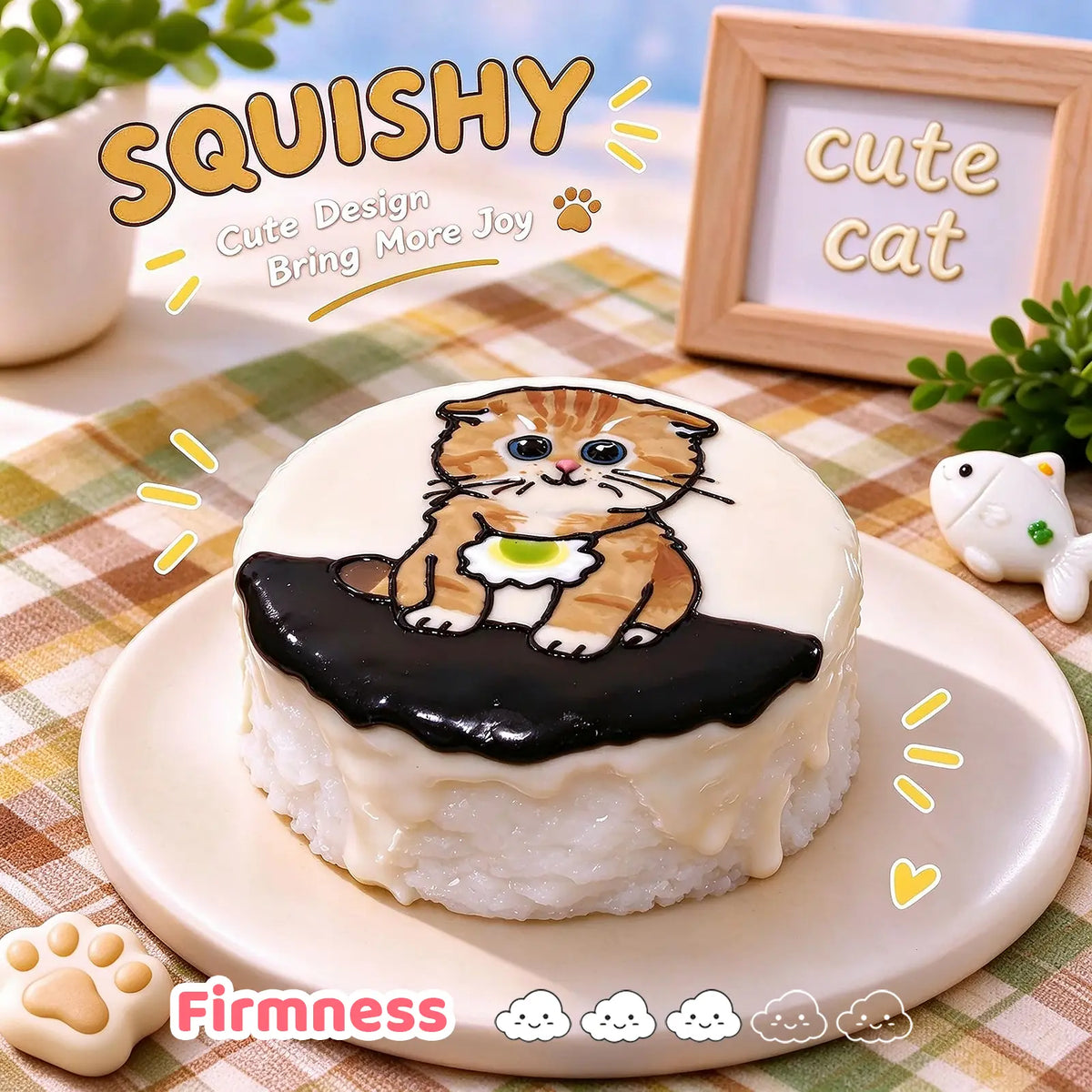 Scottish Fold custom squishy toy side view, showing soft resilient texture, thick glossy surface and squeeze feel of cute stress relief fidget