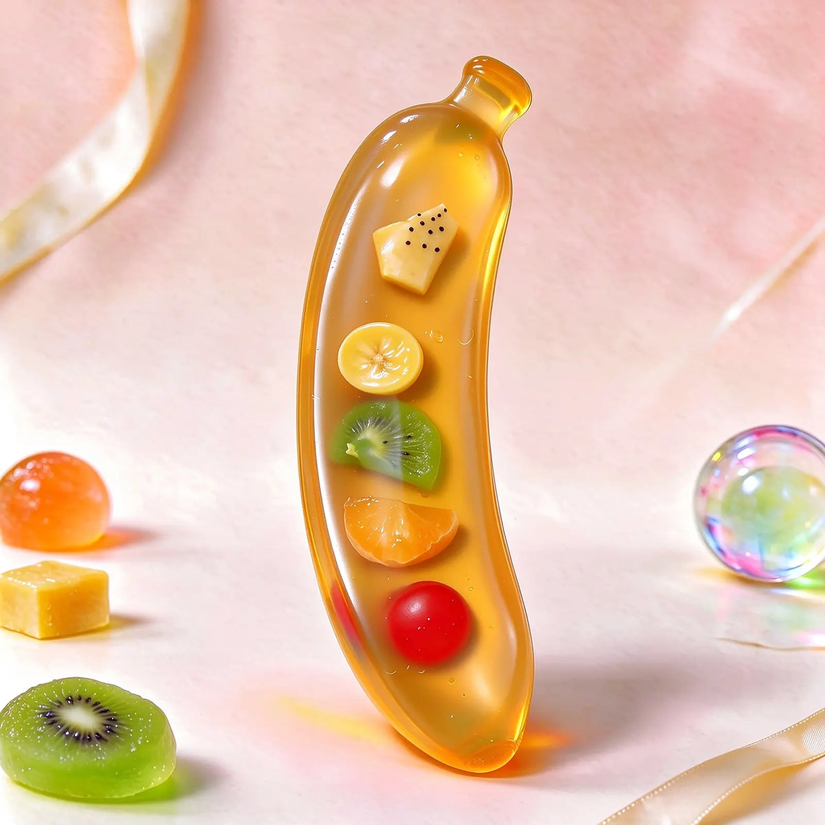 Close-up of a transparent banana-shaped squishy with colorful fruit pieces inside.