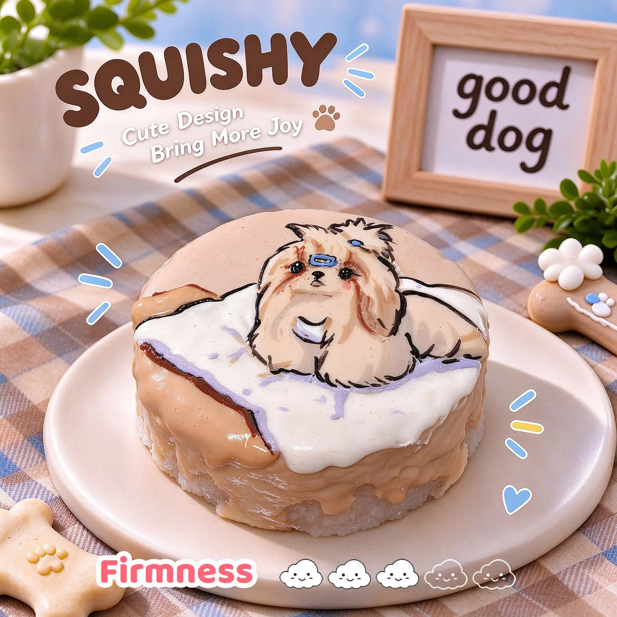 Shih Tzu custom squishy toy side view, showing soft resilient texture, thick glossy surface and squeeze feel of cute stress relief fidget