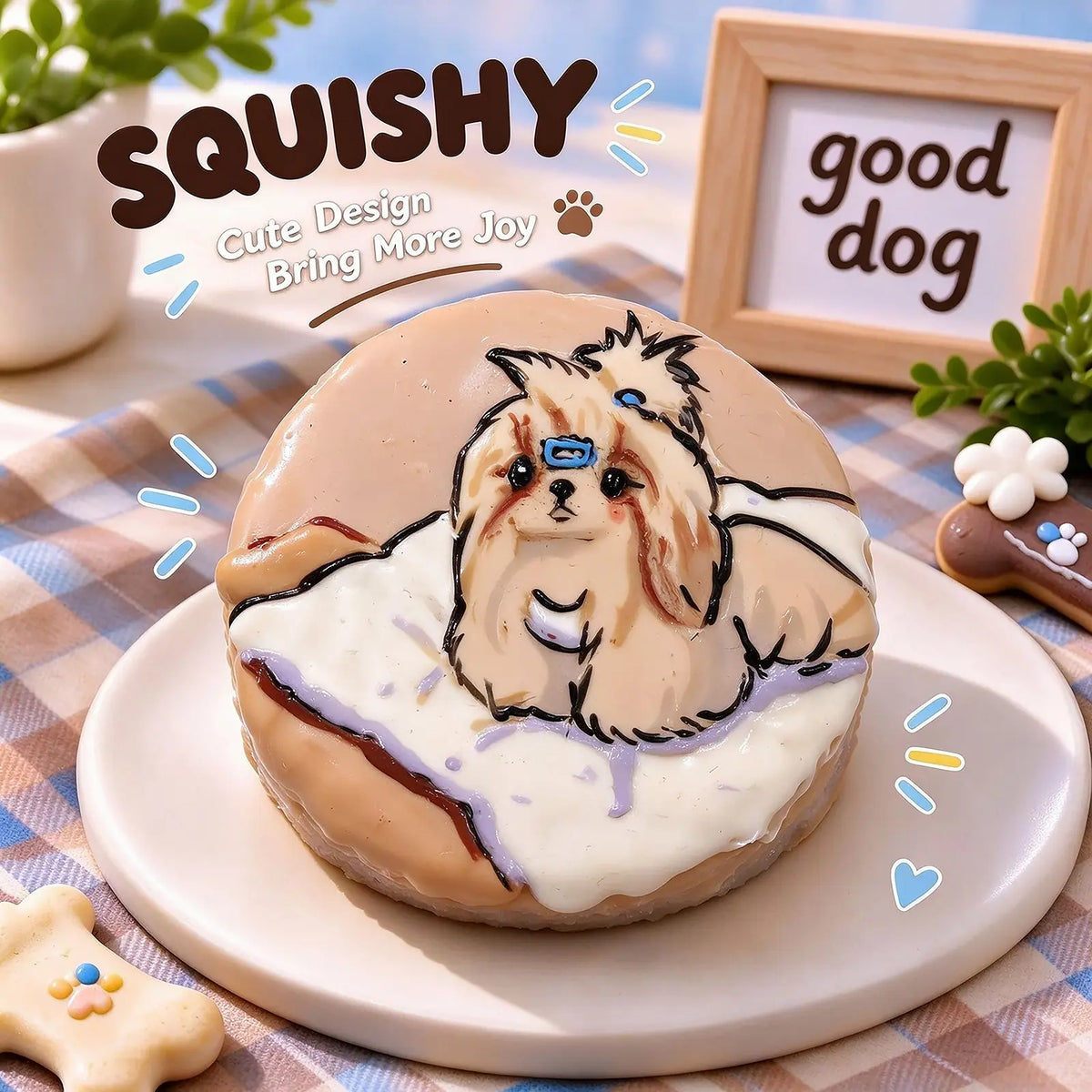 Hand-painted Shih Tzu squishy toy, cute Shih Tzu dog portrait on soft round fidget toy, light brown glossy surface with cream purple details and blue hair clip accent