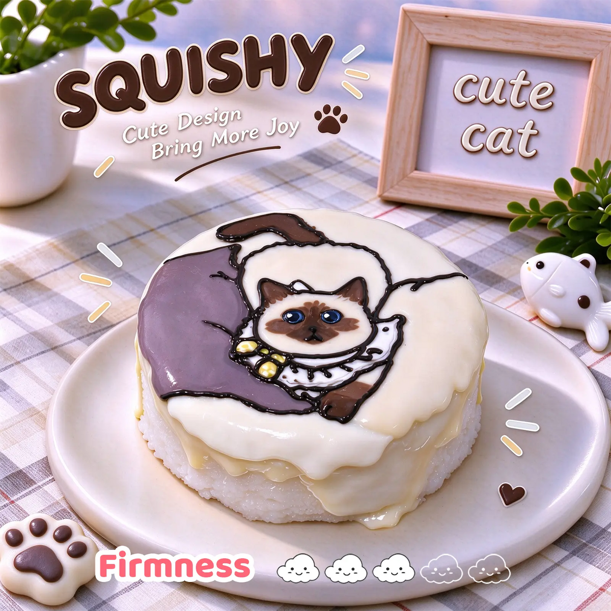 Siamese custom squishy toy side view, showing soft resilient texture, thick glossy surface and squeeze feel of cute stress relief fidget