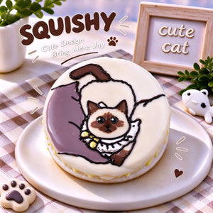 Hand-painted Siamese squishy toy, cute Siamese cat portrait with white ruffle collar and bells on soft round fidget toy, cream and purple glossy surface on display plate