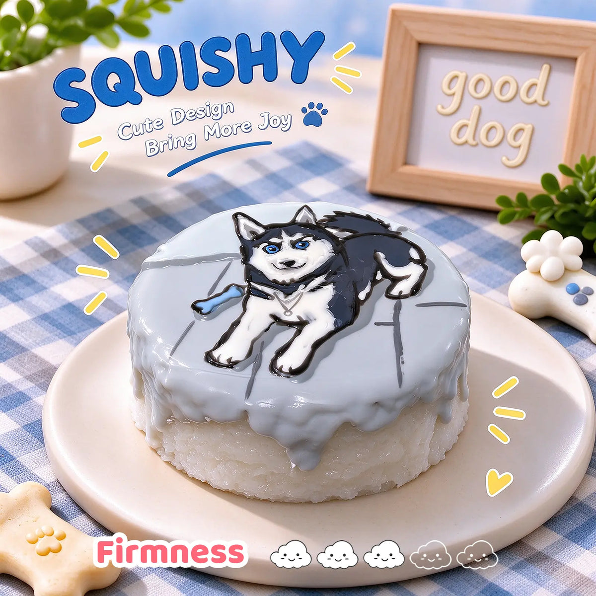 Siberian Husky custom squishy toy side view, showing soft resilient texture, thick glossy surface and squeeze feel of cute stress relief fidget