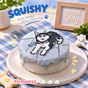 Siberian Husky custom squishy toy side view, showing soft resilient texture, thick glossy surface and squeeze feel of cute stress relief fidget
