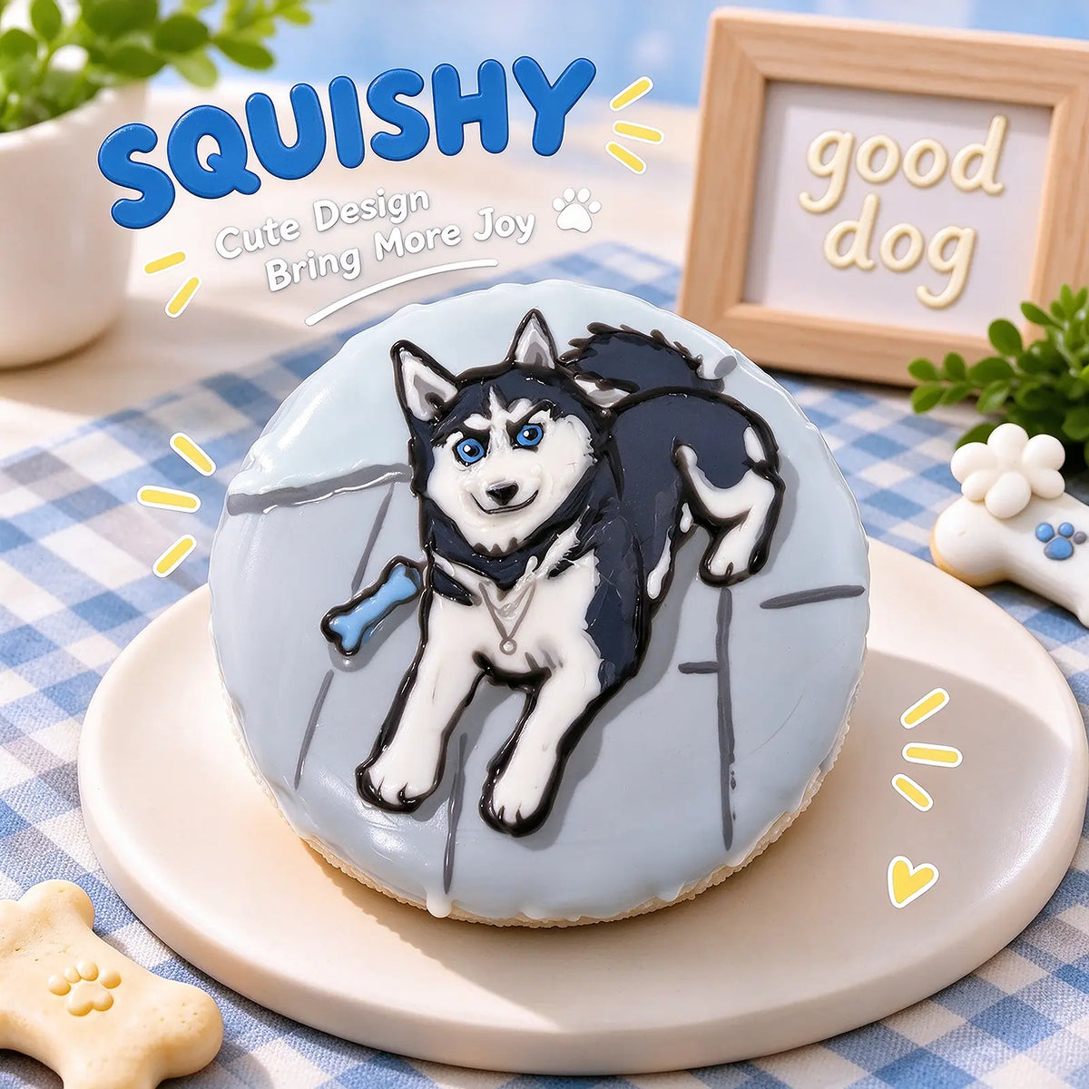 Hand-painted Siberian Husky squishy toy, cute Husky dog portrait on soft round fidget toy, light blue glossy surface with black white fur details and playful bone accent