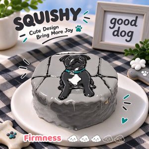 Staffy custom squishy toy side view, showing soft resilient texture, thick glossy surface and squeeze feel of cute stress relief fidget
