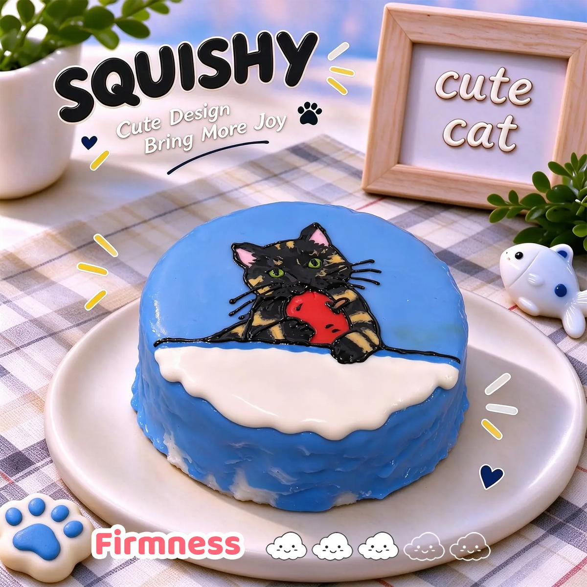 `Tortoiseshell Cat custom squishy toy side view, showing soft resilient texture, thick glossy surface and squeeze feel of cute stress relief fidget`
