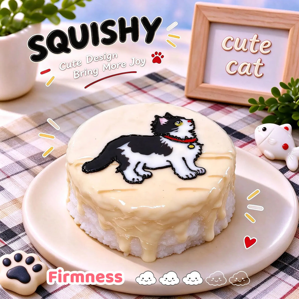 Tuxedo Cat custom squishy toy side view, showing soft resilient texture, thick glossy surface and squeeze feel of cute stress relief fidget