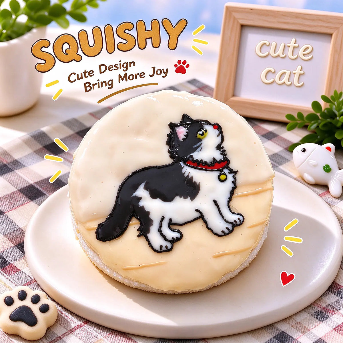 Hand-painted Tuxedo Cat squishy toy, cute tuxedo cat portrait on soft round fidget toy, cream glossy surface with black white markings and red collar accent