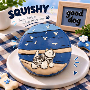 Hand-painted West Highland White Terrier squishy toy, cute Westie dog portrait on soft round fidget toy, beach scene design with blue ocean, sandy shore and seagulls on glossy surface