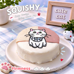 White Cat custom squishy toy side view, showing soft resilient texture, thick glossy surface and squeeze feel of cute stress relief fidget