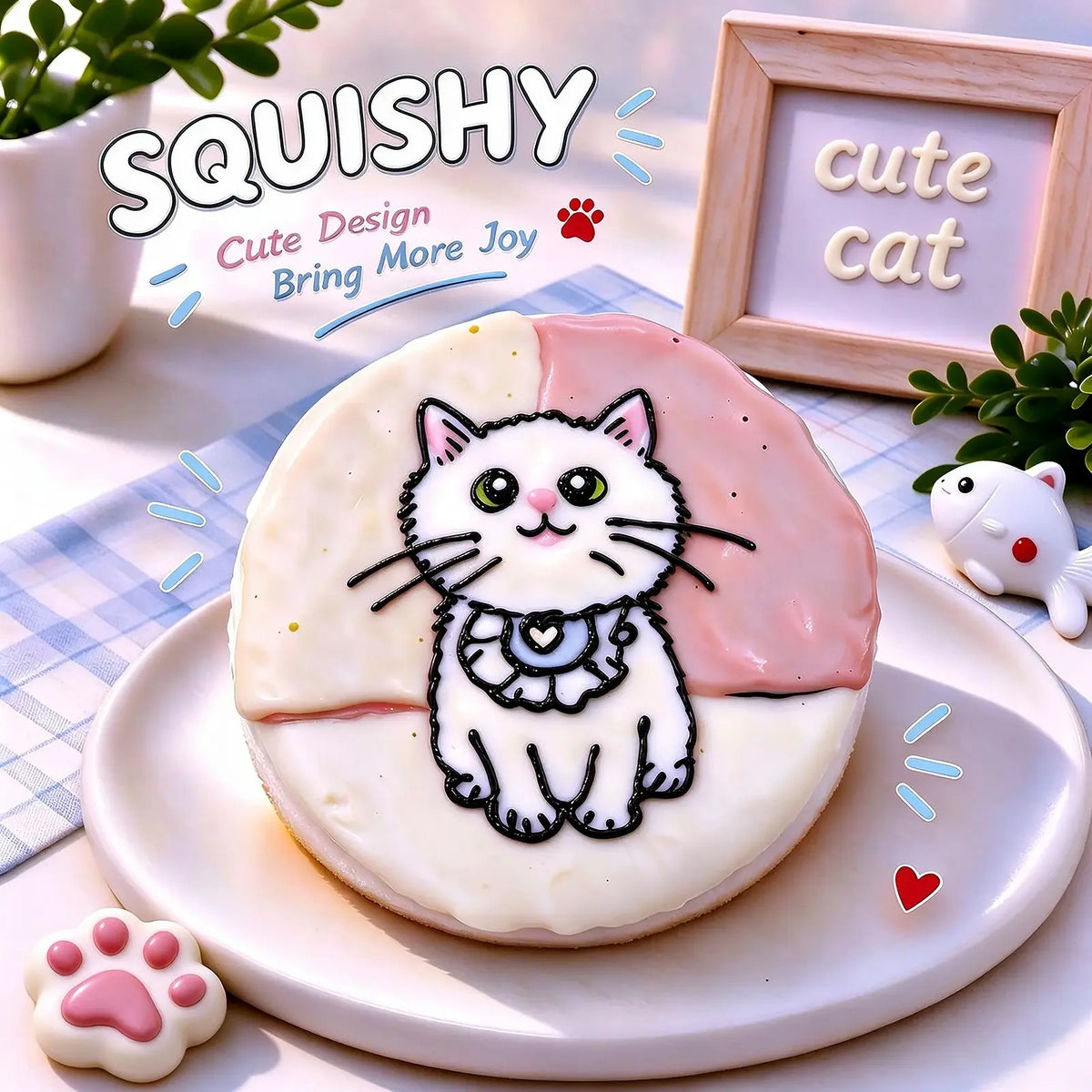 Hand-painted White Cat squishy toy, cute white cat portrait on soft round fidget toy, cream glossy surface with pink accents and blue ruffle collar design