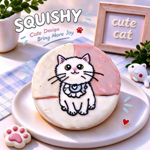 Hand-painted White Cat squishy toy, cute white cat portrait on soft round fidget toy, cream glossy surface with pink accents and blue ruffle collar design