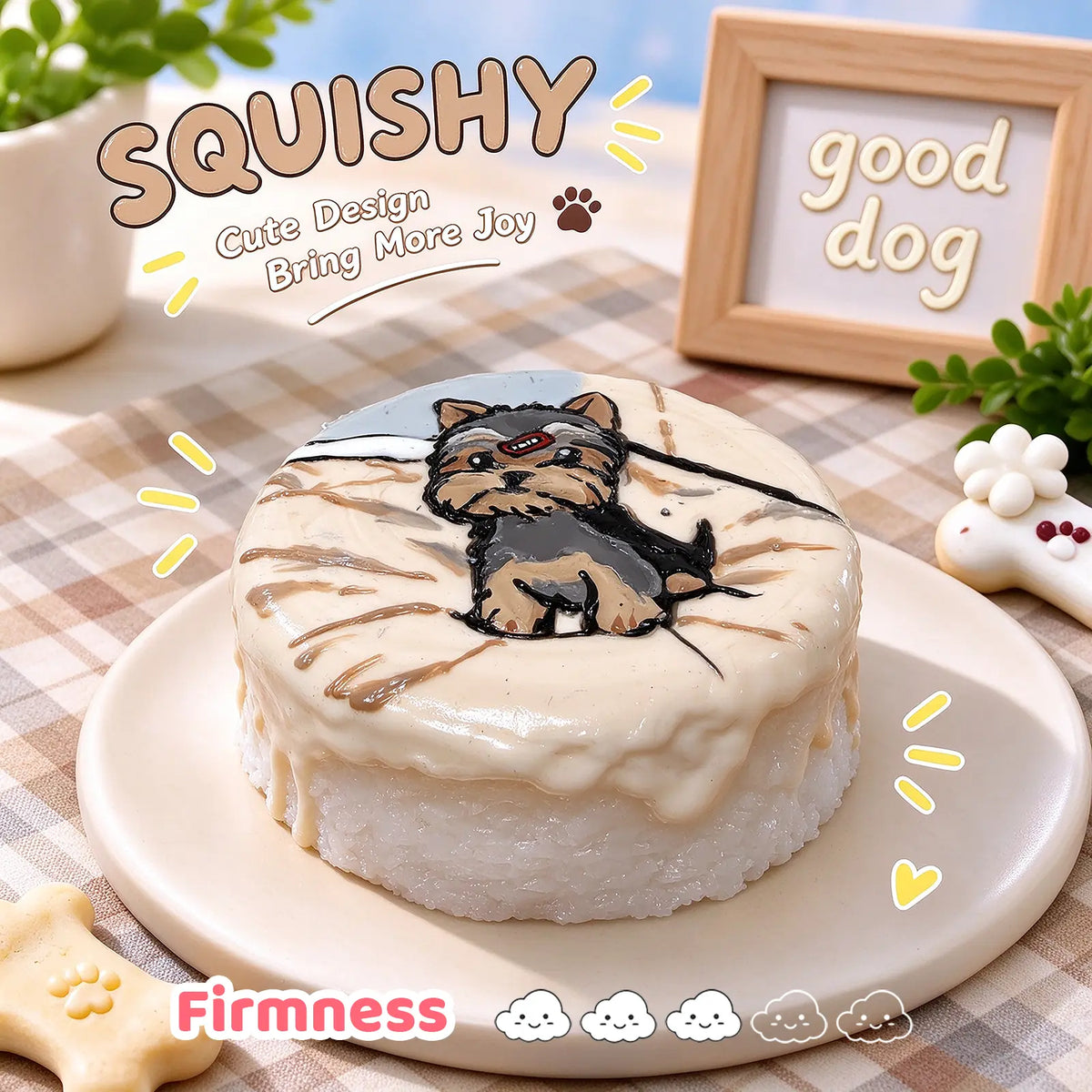Yorkshire Terrier custom squishy toy side view, showing soft resilient texture, thick glossy surface and squeeze feel of cute stress relief fidget