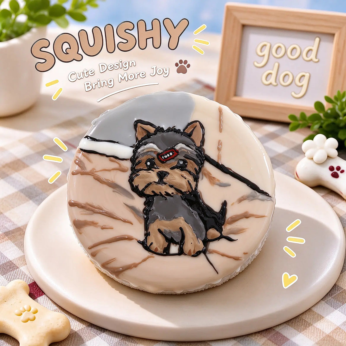 Hand-painted Yorkshire Terrier squishy toy, cute Yorkie dog portrait on soft round fidget toy, beige glossy surface with black brown details and playful painted lines