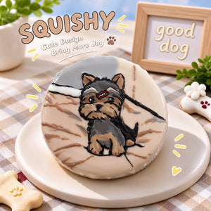 Hand-painted Yorkshire Terrier squishy toy, cute Yorkie dog portrait on soft round fidget toy, beige glossy surface with black brown details and playful painted lines