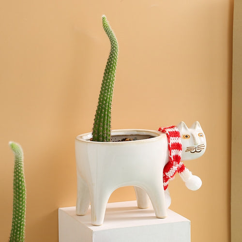 White Ceramic Cat Cactus Flower Pot
